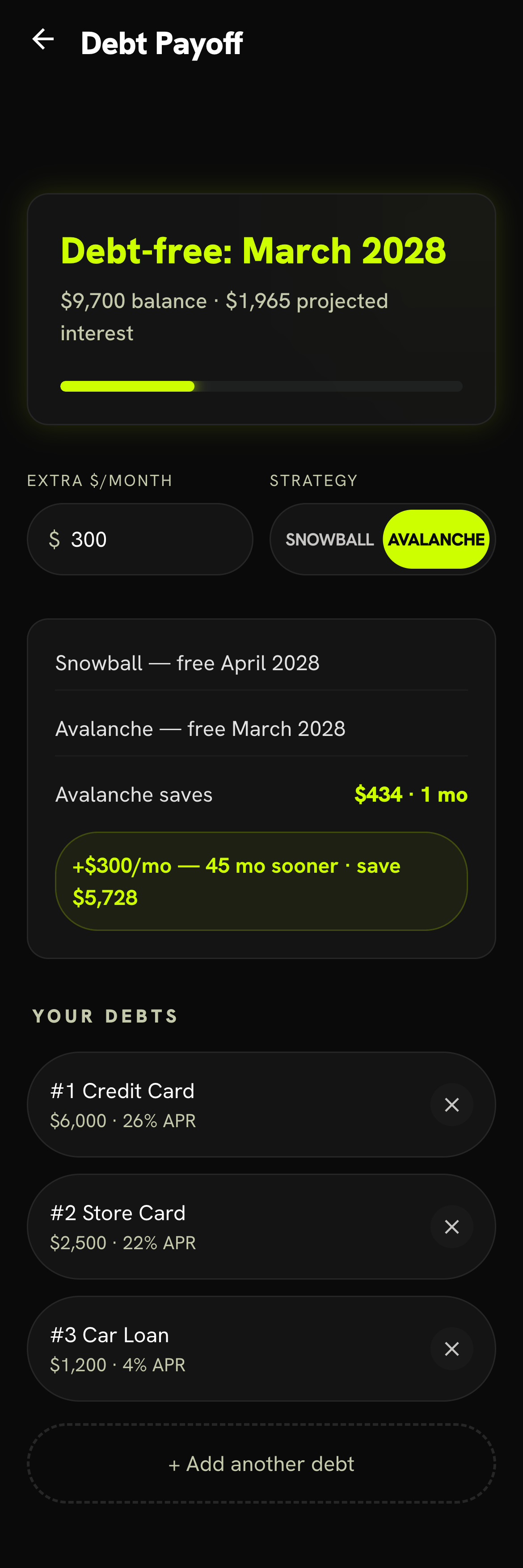 Debt Payoff plan: debt-free date, snowball/avalanche toggle, comparison and ordered debt list