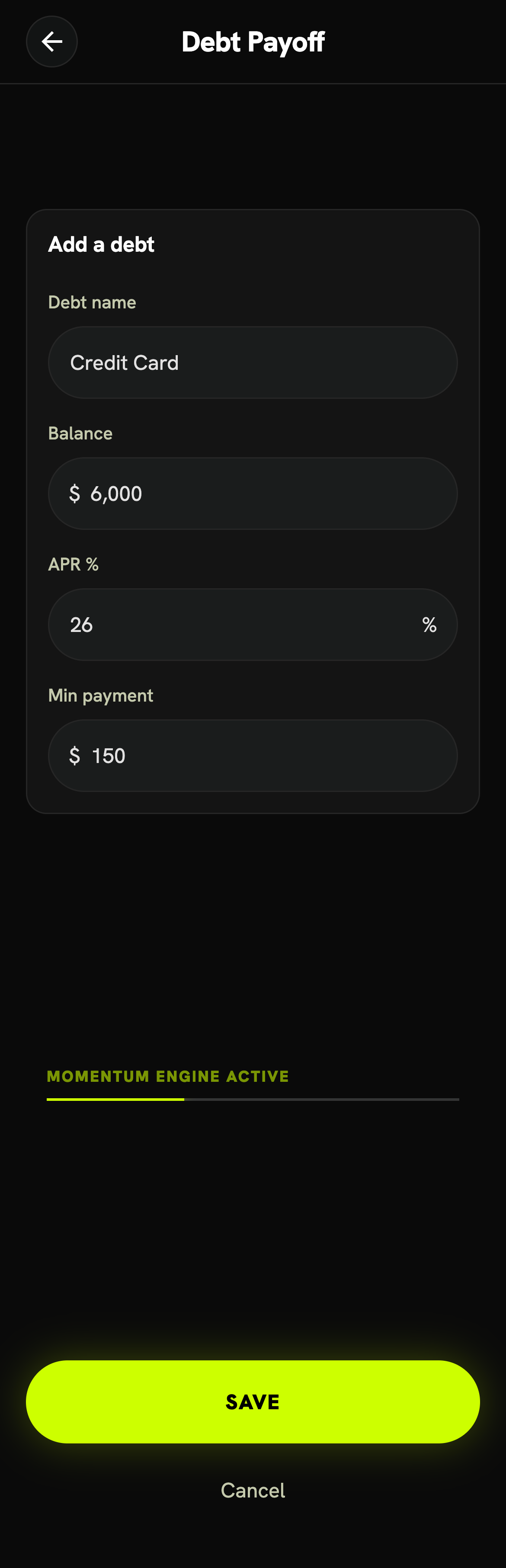Add a debt form with name, balance, APR and minimum payment